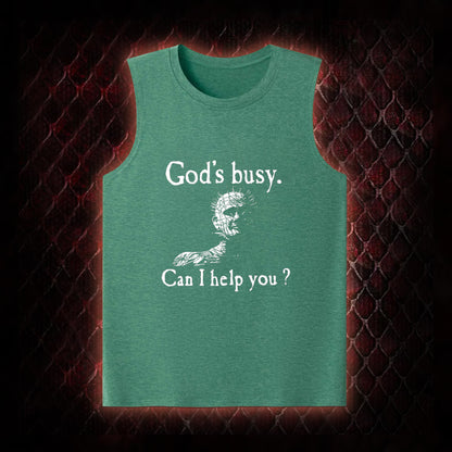 Hellraiser Pinhead 'God's Busy. Can I Help You?' Graphic Classic-Tank - Cult Horror Dark Humor Statement Piece