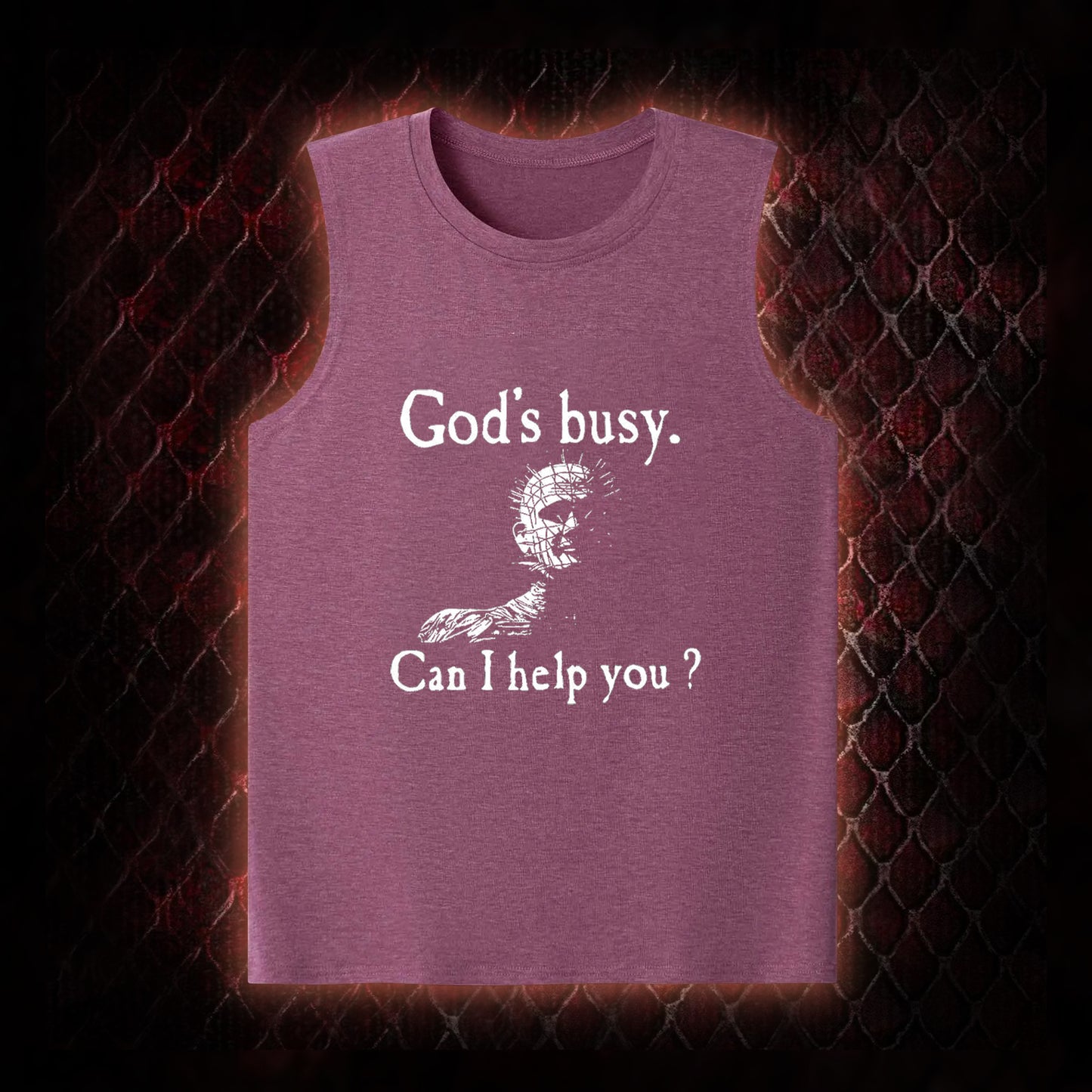 Hellraiser Pinhead 'God's Busy. Can I Help You?' Graphic Classic-Tank - Cult Horror Dark Humor Statement Piece