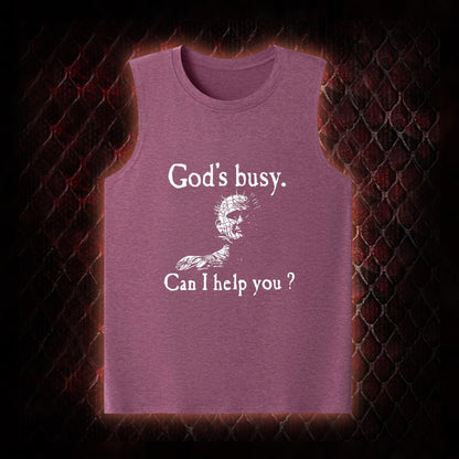 Hellraiser Pinhead 'God's Busy. Can I Help You?' Graphic Classic-Tank - Cult Horror Dark Humor Statement Piece