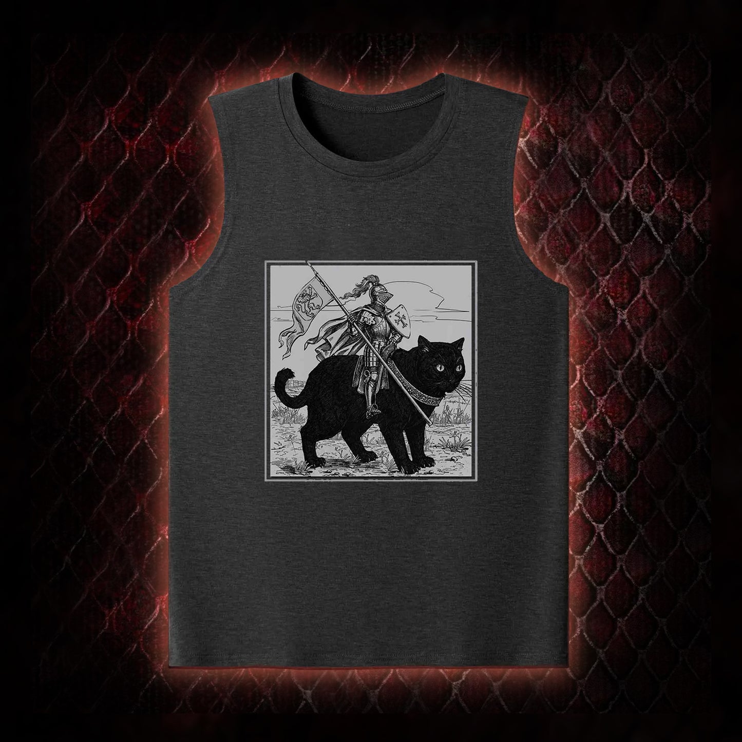 Vintage Knight & Giant Black Cat Medieval Fantasy Graphic Classic-Tank - Whimsical Retro Aesthetic Statement Piece