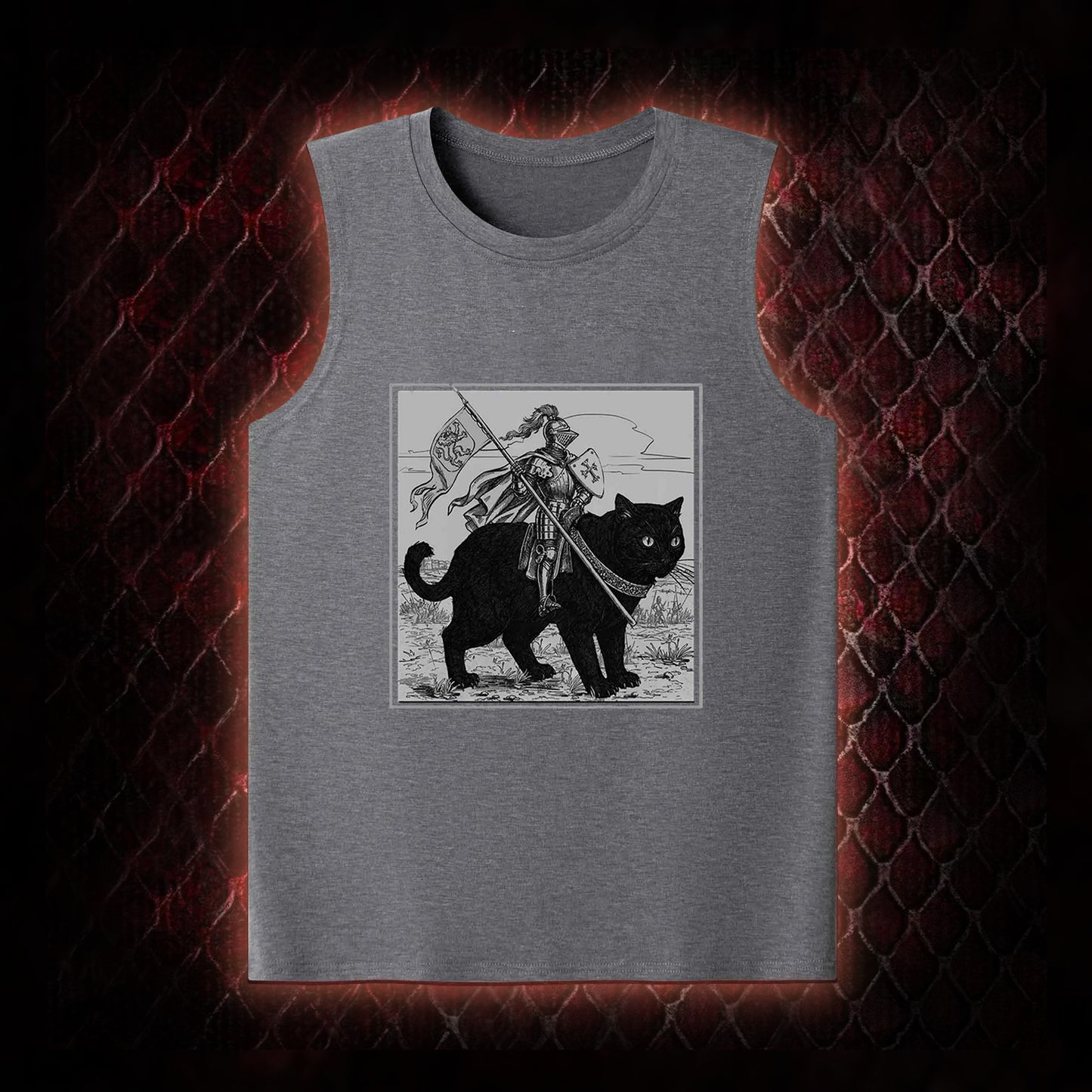 Vintage Knight & Giant Black Cat Medieval Fantasy Graphic Classic-Tank - Whimsical Retro Aesthetic Statement Piece