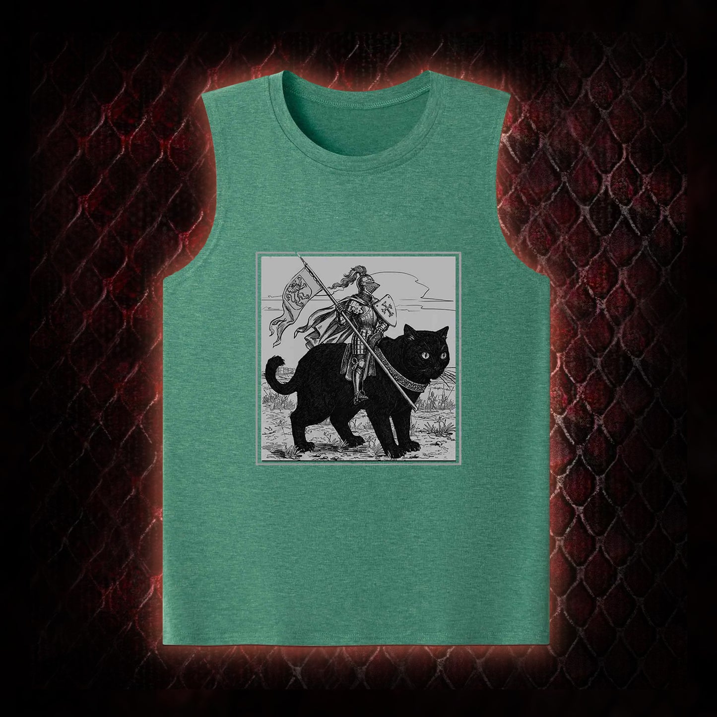 Vintage Knight & Giant Black Cat Medieval Fantasy Graphic Classic-Tank - Whimsical Retro Aesthetic Statement Piece