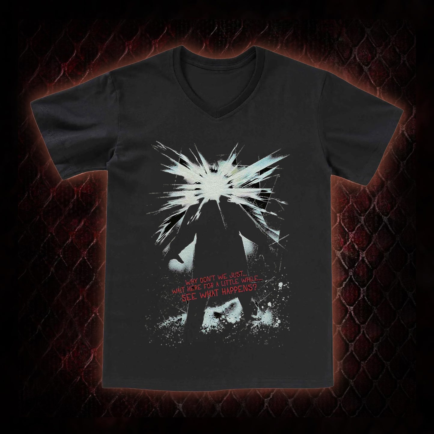 The Thing (1982) 'Wait Here For A Little While' Body Horror Graphic V-Neck T-Shirt - John Carpenter Sci-Fi Horror Tribute Piece