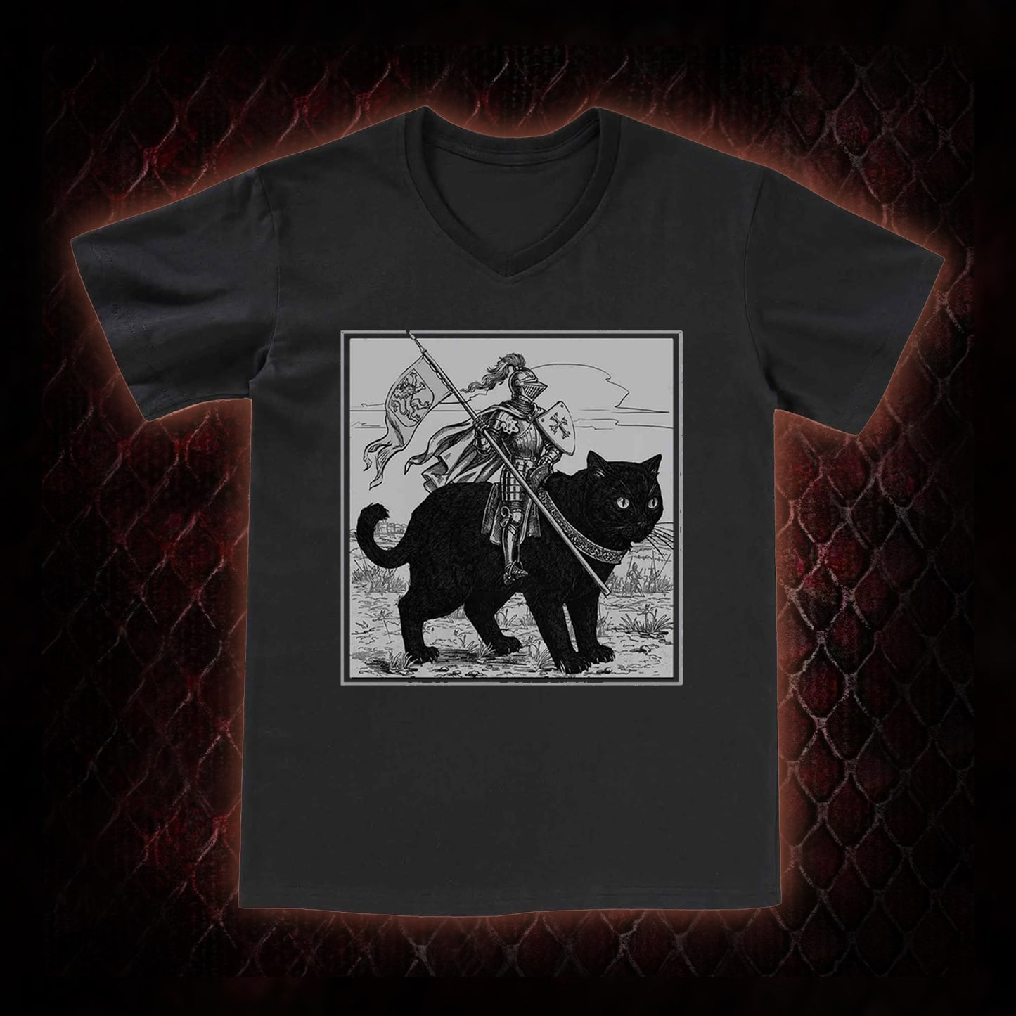Vintage Knight & Giant Black Cat Medieval Fantasy Graphic V-Neck T-Shirt - Whimsical Retro Aesthetic Statement Piece