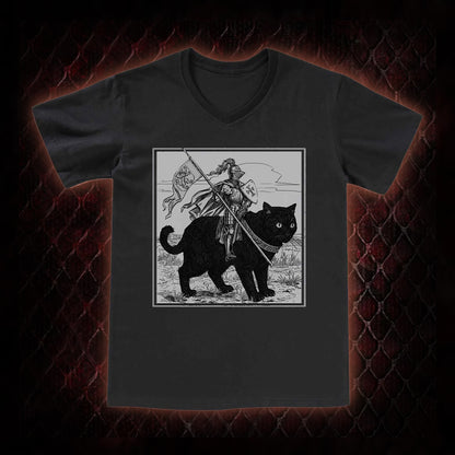 Vintage Knight & Giant Black Cat Medieval Fantasy Graphic V-Neck T-Shirt - Whimsical Retro Aesthetic Statement Piece