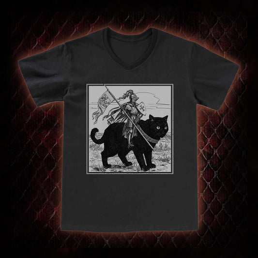 Vintage Knight & Giant Black Cat Medieval Fantasy Graphic V-Neck T-Shirt - Whimsical Retro Aesthetic Statement Piece
