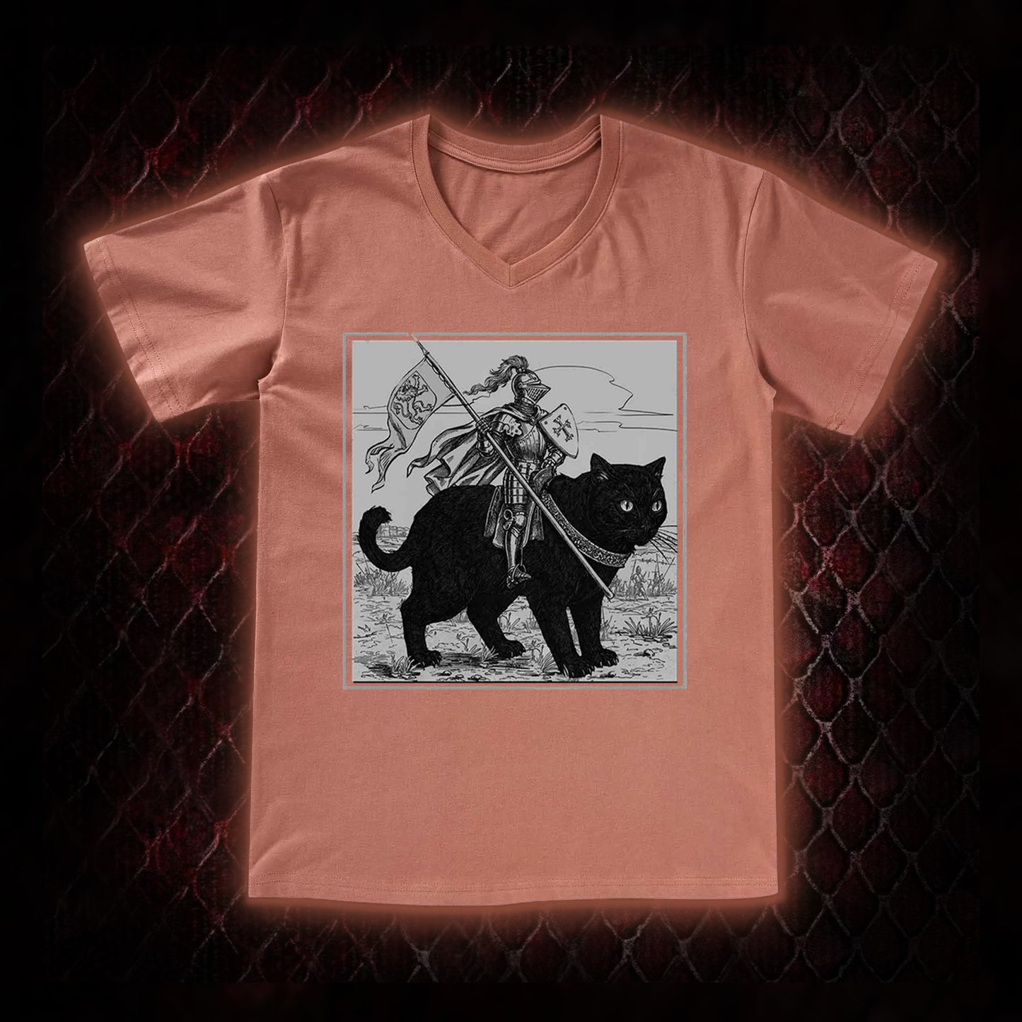 Vintage Knight & Giant Black Cat Medieval Fantasy Graphic V-Neck T-Shirt - Whimsical Retro Aesthetic Statement Piece