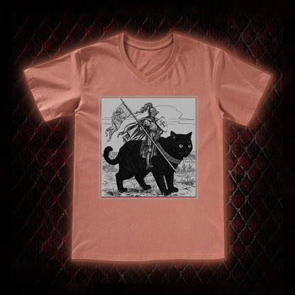 Vintage Knight & Giant Black Cat Medieval Fantasy Graphic V-Neck T-Shirt - Whimsical Retro Aesthetic Statement Piece