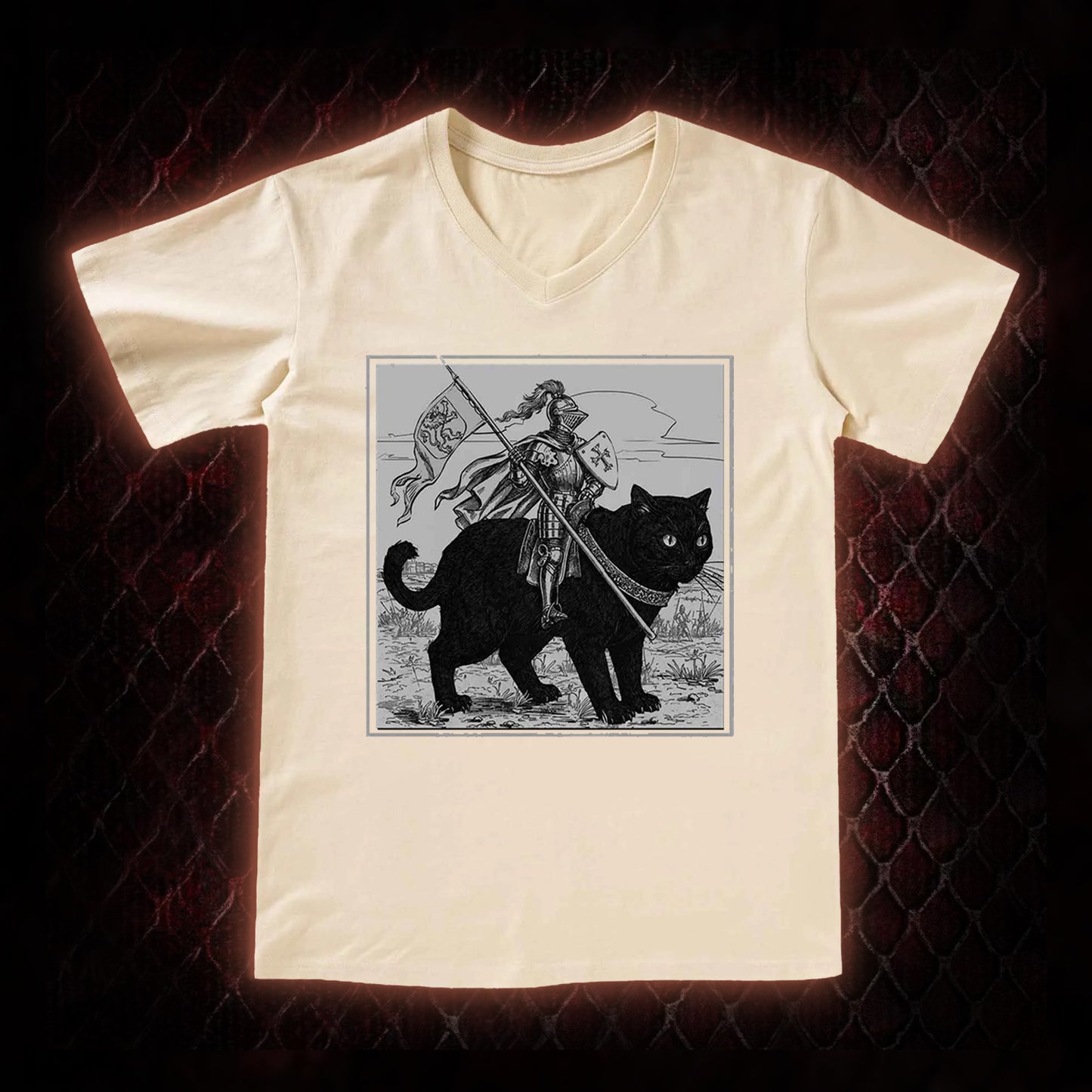 Vintage Knight & Giant Black Cat Medieval Fantasy Graphic V-Neck T-Shirt - Whimsical Retro Aesthetic Statement Piece