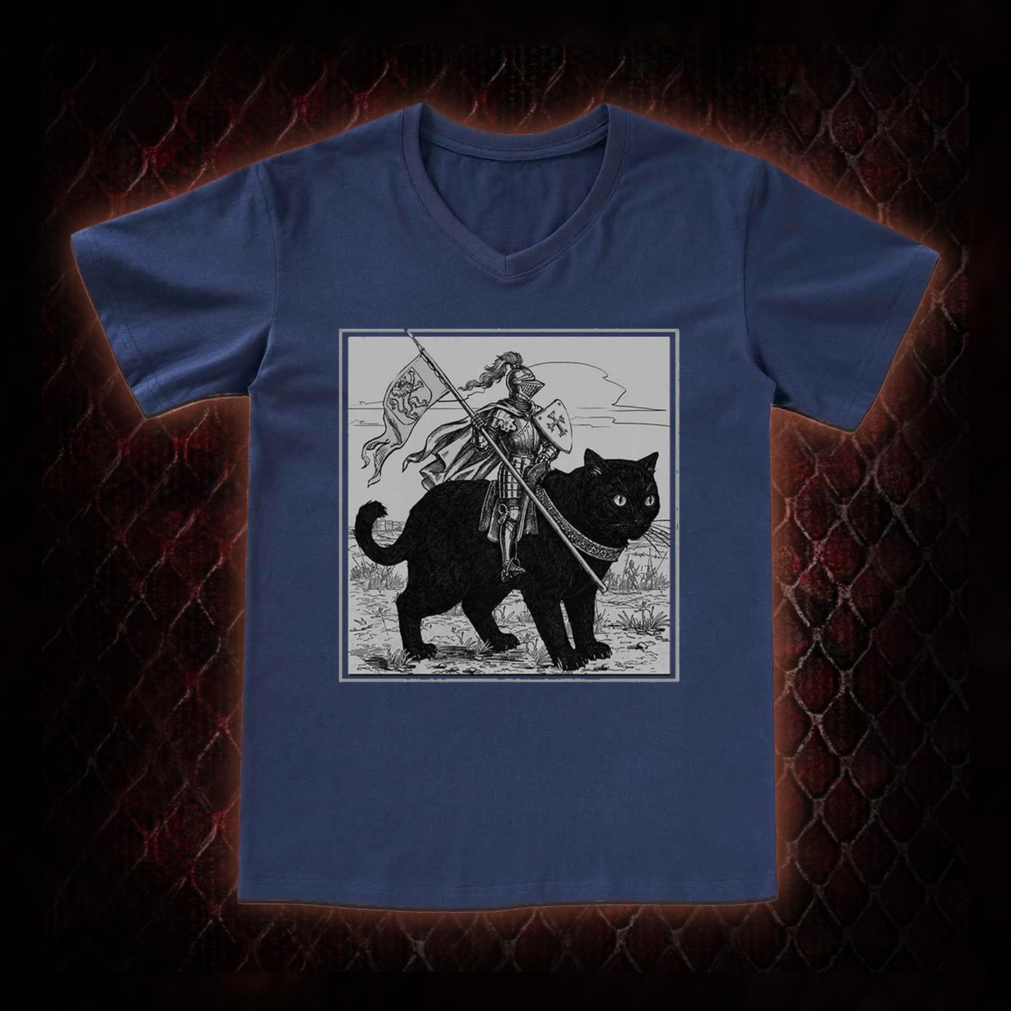 Vintage Knight & Giant Black Cat Medieval Fantasy Graphic V-Neck T-Shirt - Whimsical Retro Aesthetic Statement Piece
