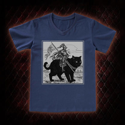 Vintage Knight & Giant Black Cat Medieval Fantasy Graphic V-Neck T-Shirt - Whimsical Retro Aesthetic Statement Piece