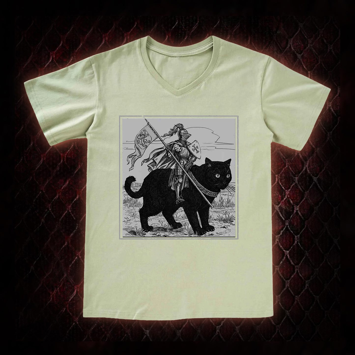 Vintage Knight & Giant Black Cat Medieval Fantasy Graphic V-Neck T-Shirt - Whimsical Retro Aesthetic Statement Piece