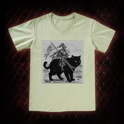 Vintage Knight & Giant Black Cat Medieval Fantasy Graphic V-Neck T-Shirt - Whimsical Retro Aesthetic Statement Piece