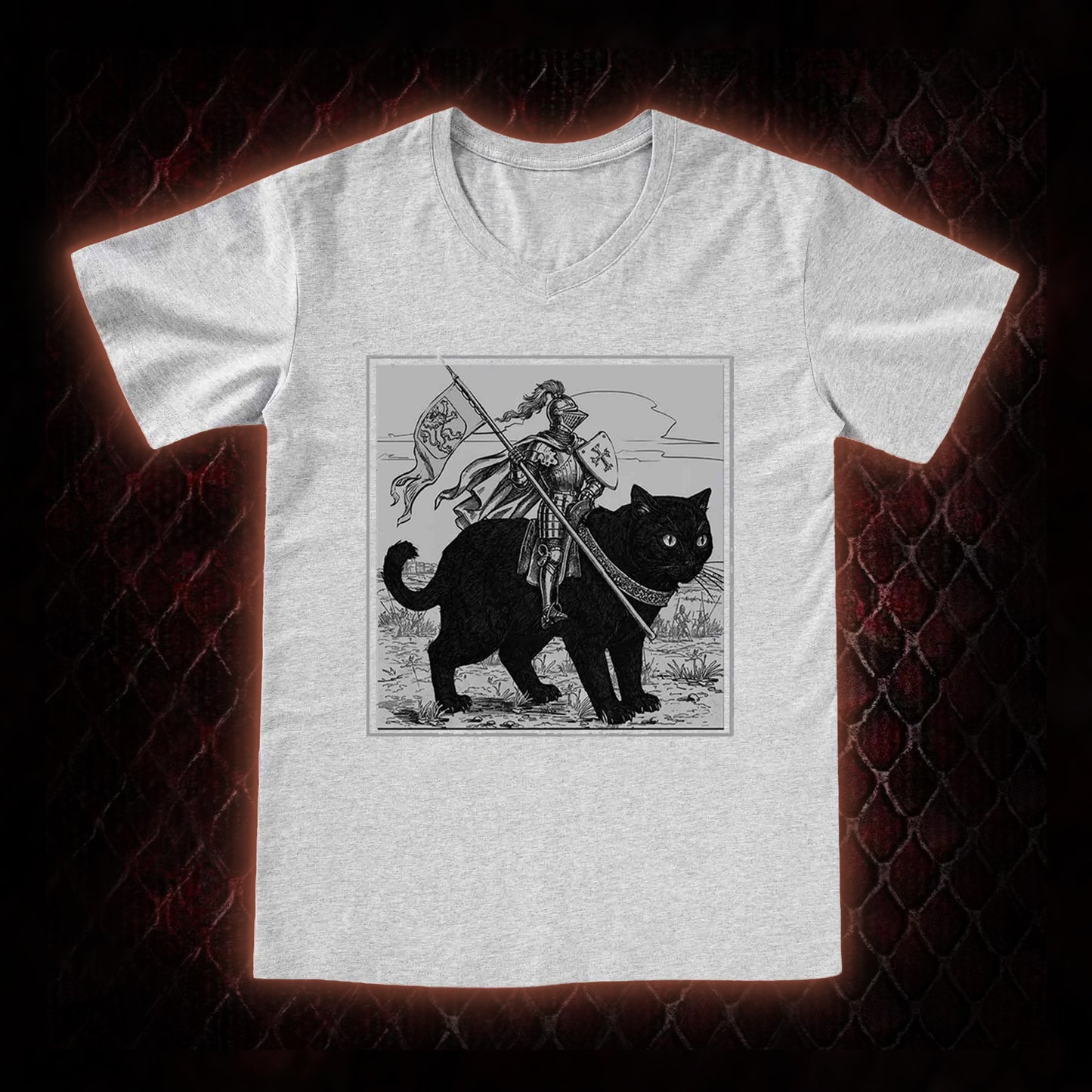 Vintage Knight & Giant Black Cat Medieval Fantasy Graphic V-Neck T-Shirt - Whimsical Retro Aesthetic Statement Piece
