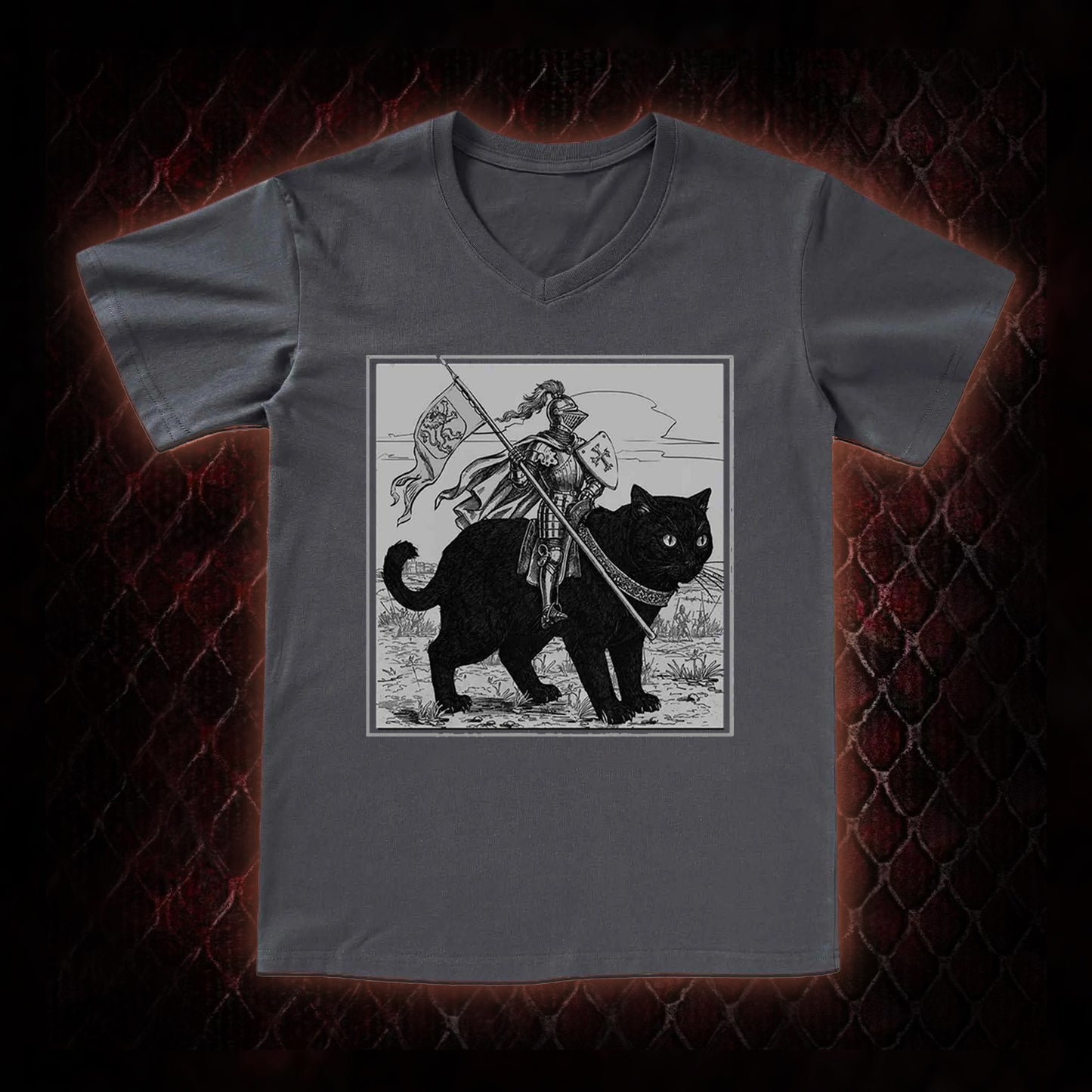 Vintage Knight & Giant Black Cat Medieval Fantasy Graphic V-Neck T-Shirt - Whimsical Retro Aesthetic Statement Piece