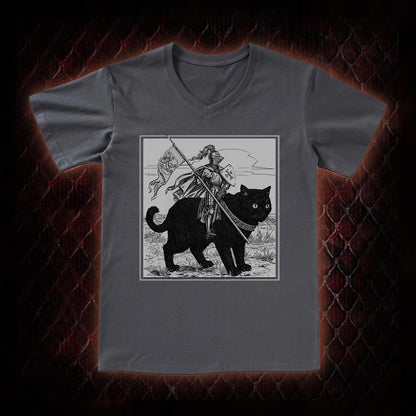 Vintage Knight & Giant Black Cat Medieval Fantasy Graphic V-Neck T-Shirt - Whimsical Retro Aesthetic Statement Piece