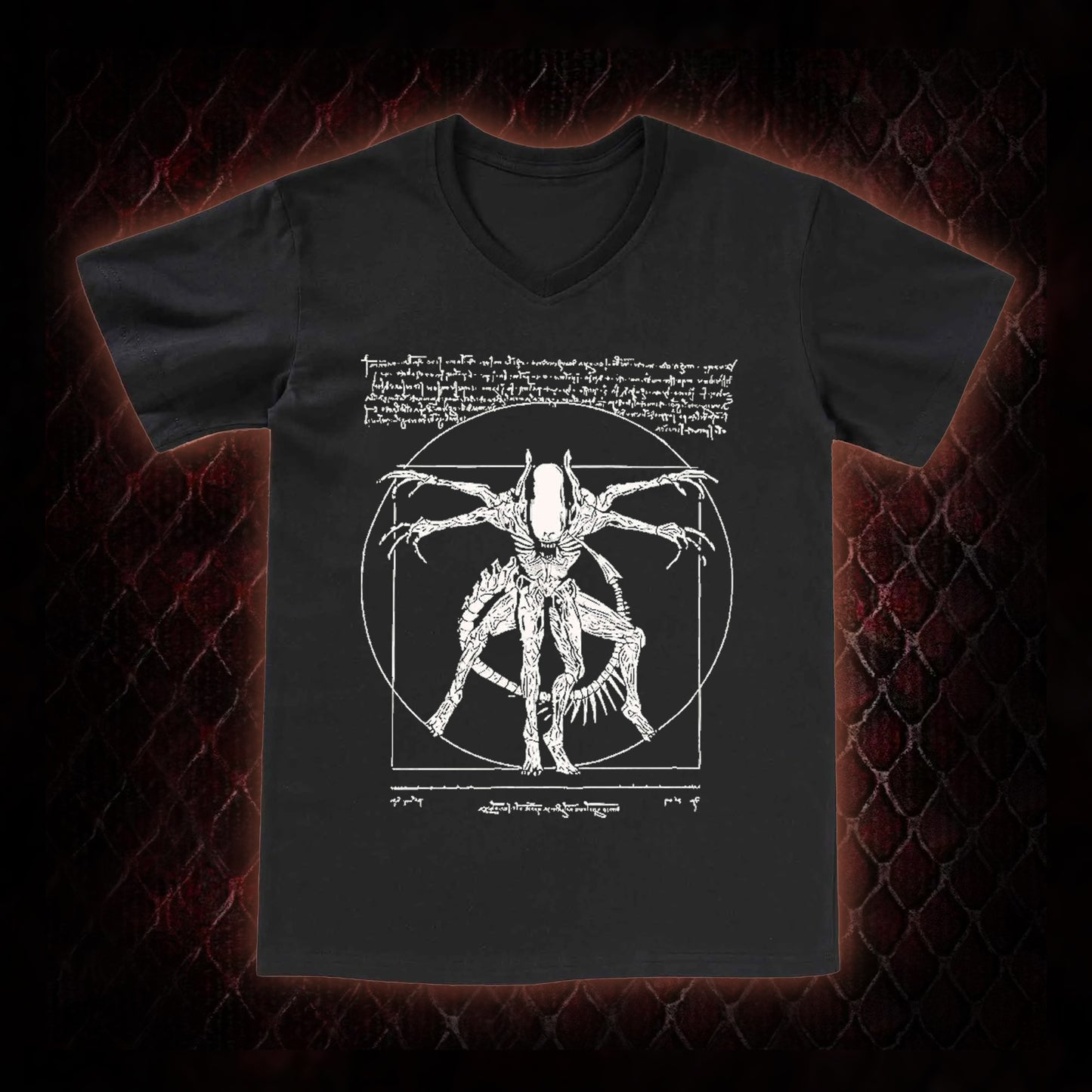 White Alien Vitruvian Creature Graphic V-Neck T-Shirt - Sci-Fi Horror Icon Tribute Piece