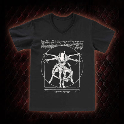 White Alien Vitruvian Creature Graphic V-Neck T-Shirt - Sci-Fi Horror Icon Tribute Piece