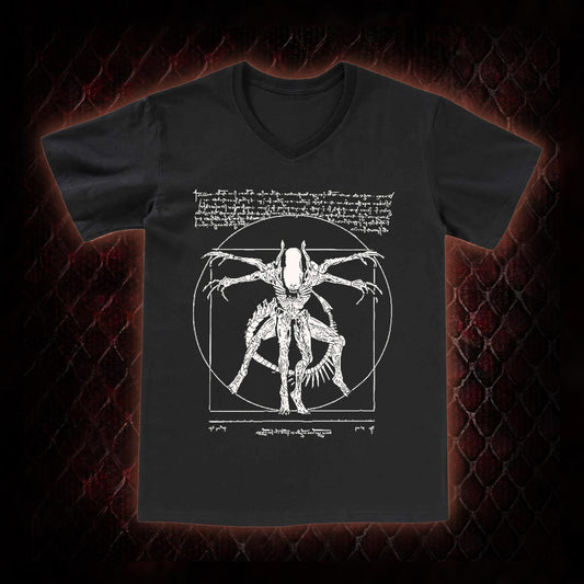 White Alien Vitruvian Creature Graphic V-Neck T-Shirt - Sci-Fi Horror Icon Tribute Piece