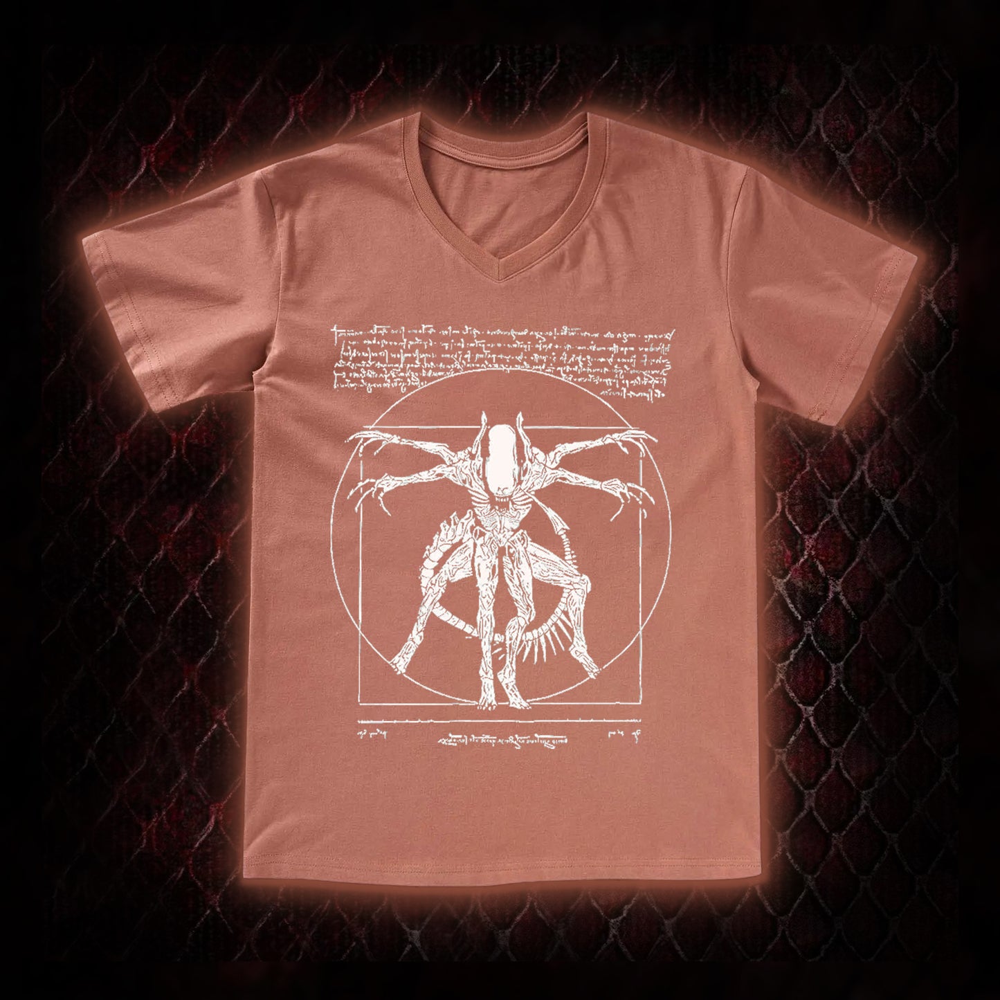 White Alien Vitruvian Creature Graphic V-Neck T-Shirt - Sci-Fi Horror Icon Tribute Piece