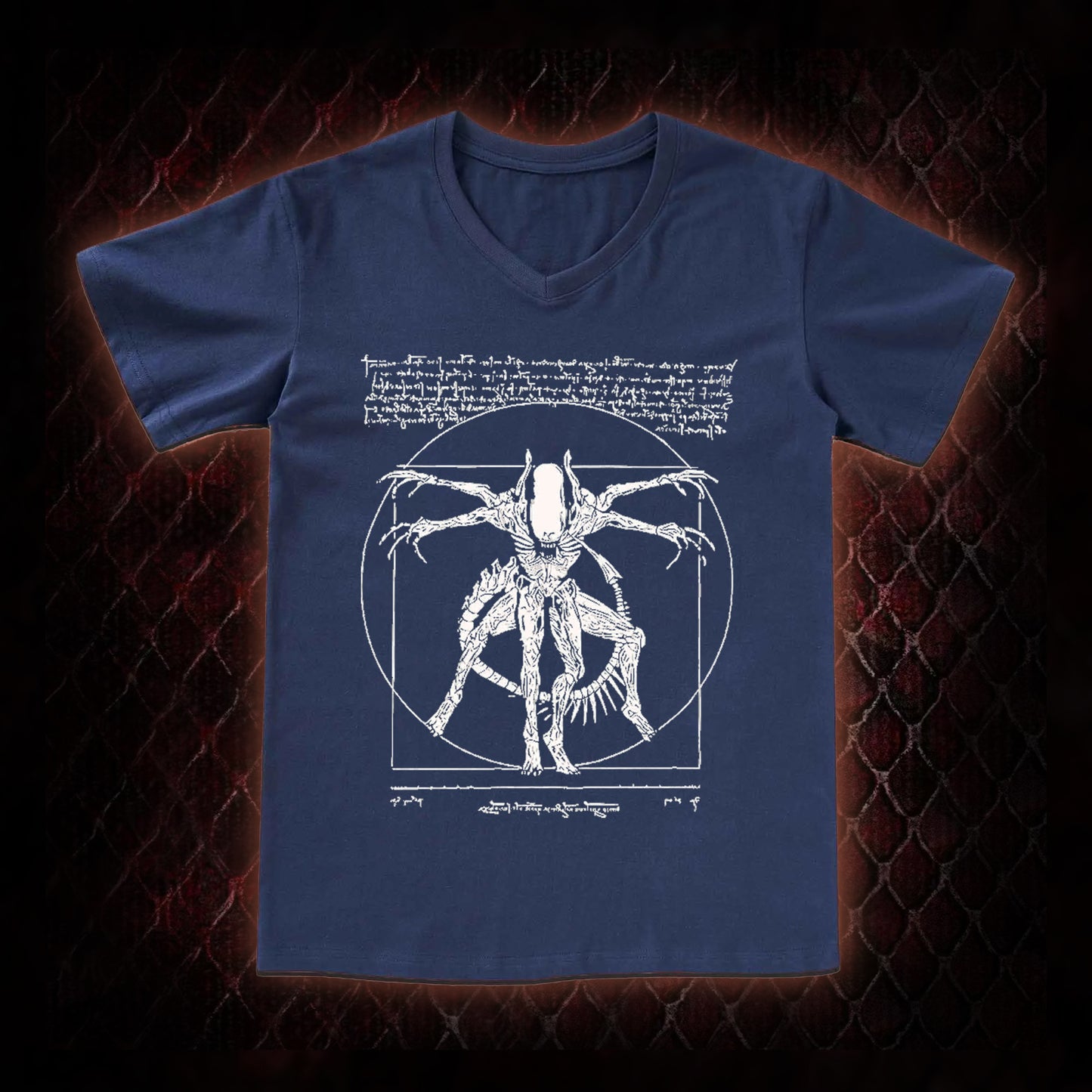 White Alien Vitruvian Creature Graphic V-Neck T-Shirt - Sci-Fi Horror Icon Tribute Piece