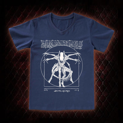 White Alien Vitruvian Creature Graphic V-Neck T-Shirt - Sci-Fi Horror Icon Tribute Piece