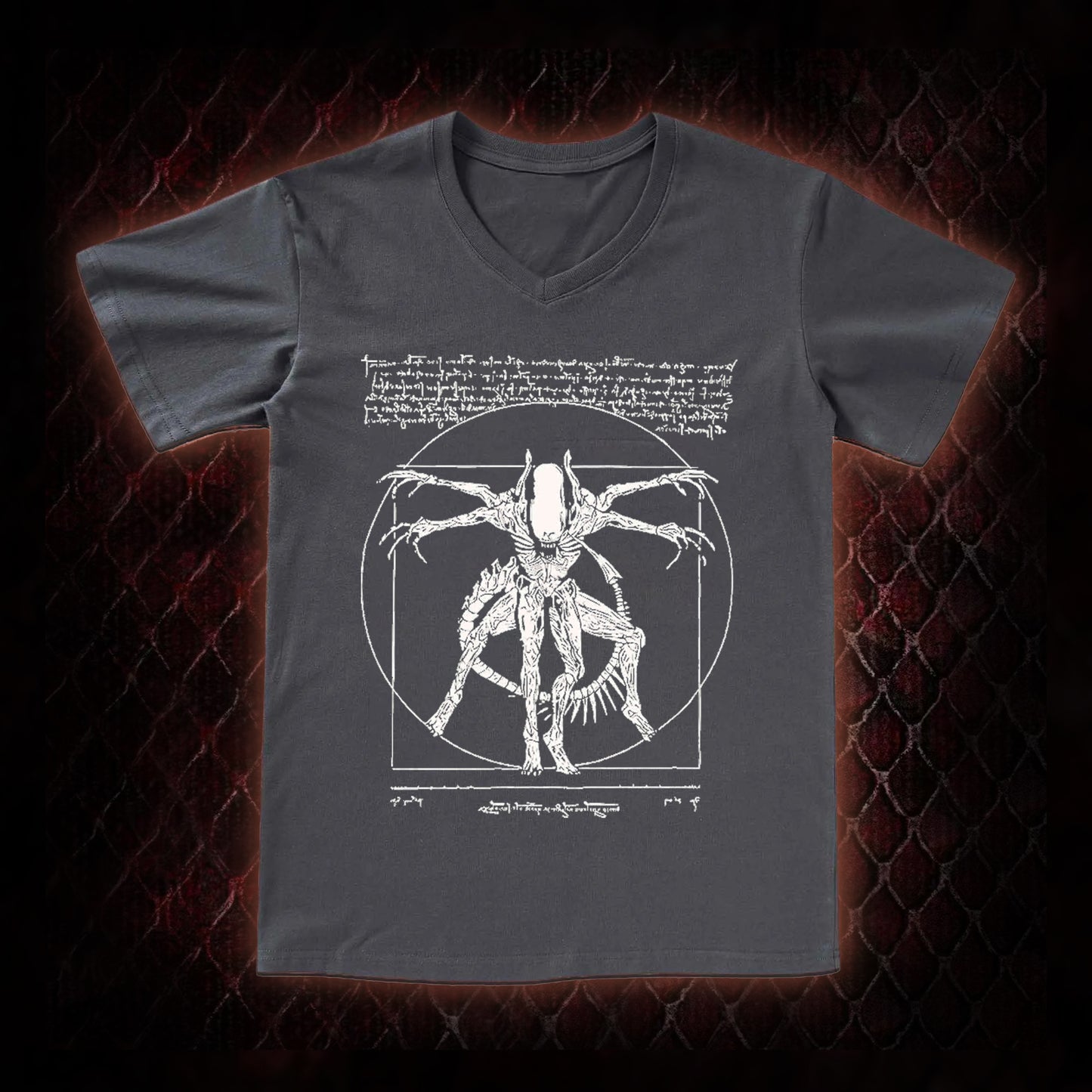White Alien Vitruvian Creature Graphic V-Neck T-Shirt - Sci-Fi Horror Icon Tribute Piece