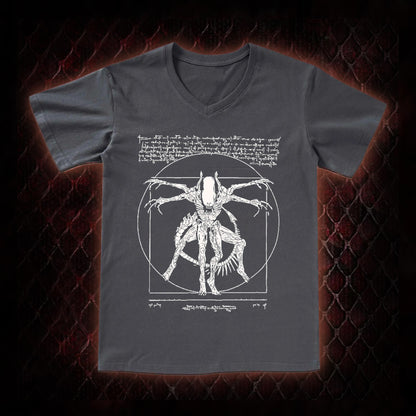 White Alien Vitruvian Creature Graphic V-Neck T-Shirt - Sci-Fi Horror Icon Tribute Piece