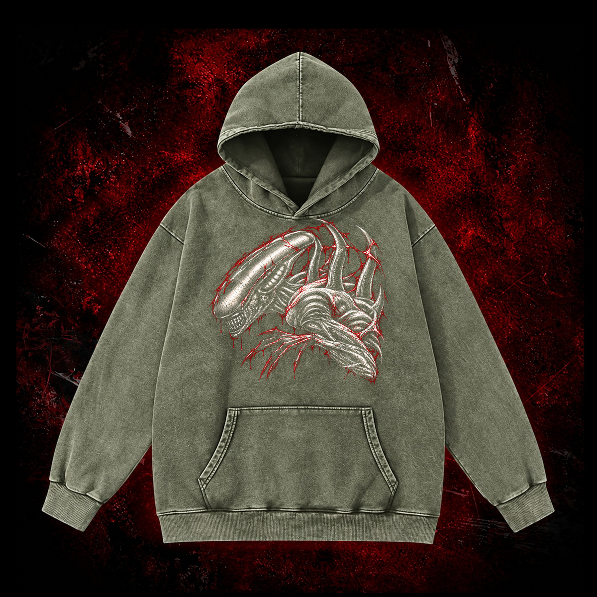 Crimson Carapace Vintage Washed Hoodie in Green, front view