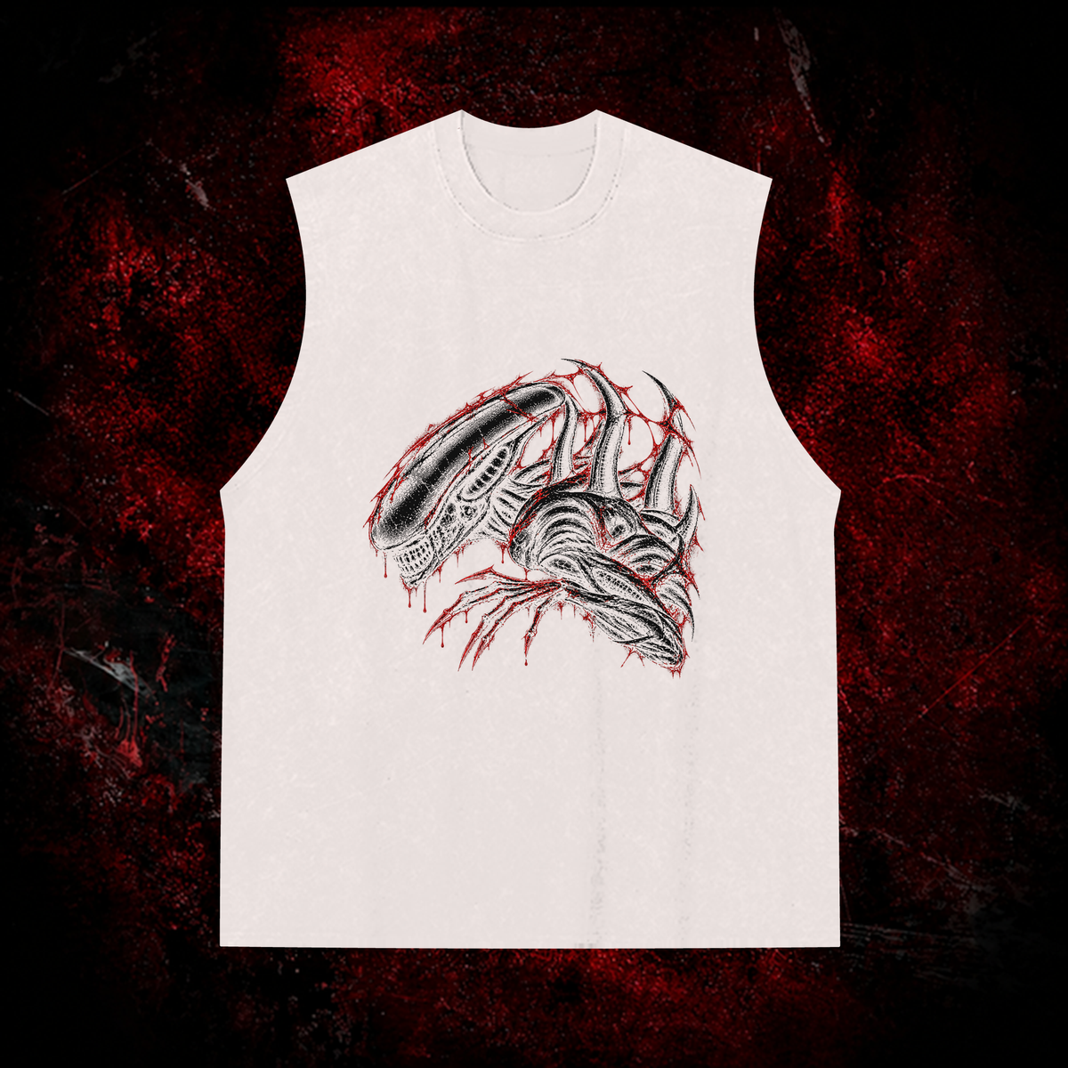 Crimson Carapace Vintage Washed Tank Top in White with black print, front view