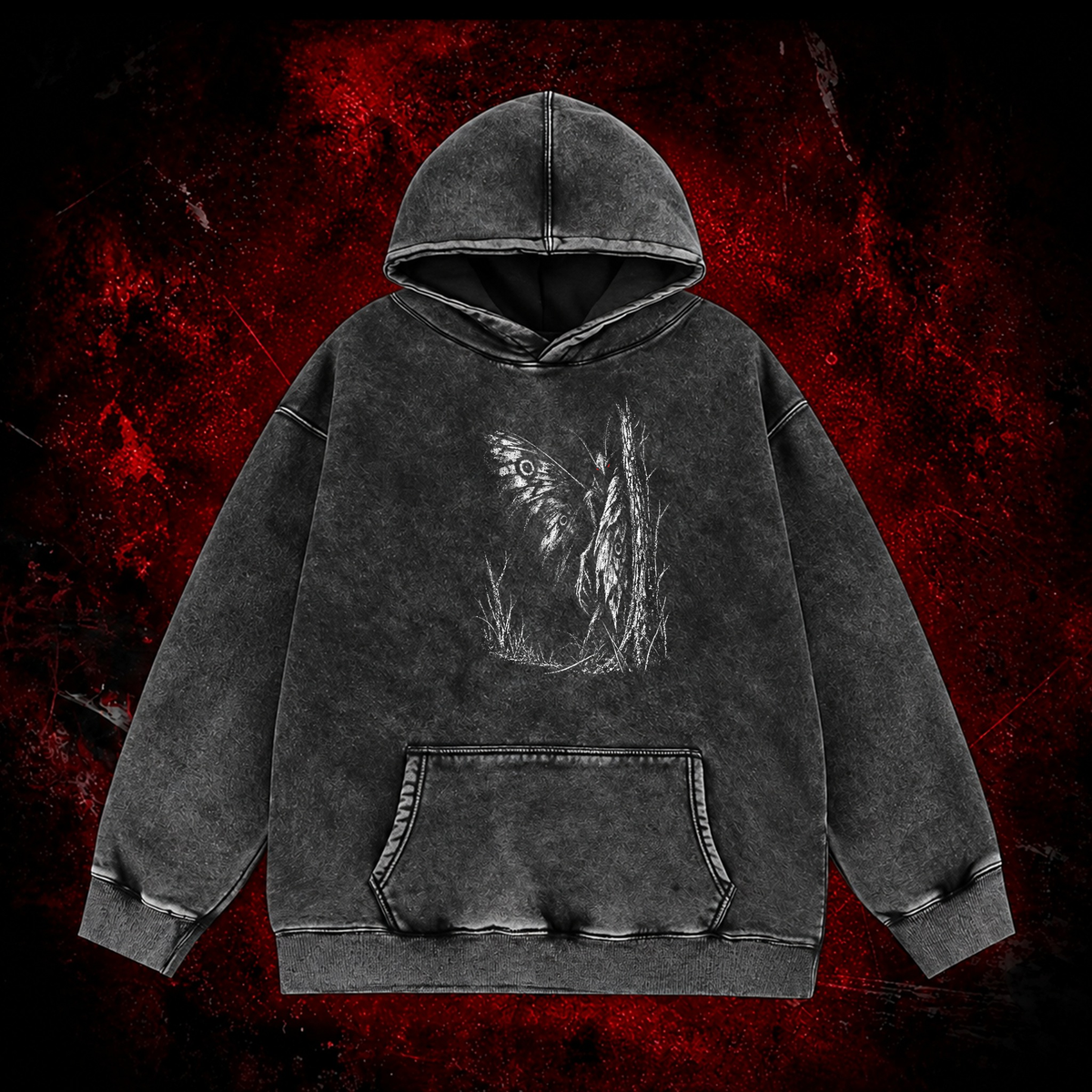 Forest Winged Watcher Vintage Washed Hoodie in Black, front view