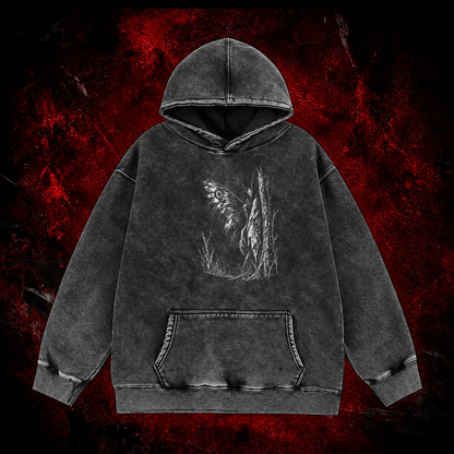 Forest Winged Watcher Vintage Washed Hoodie in Black, front view