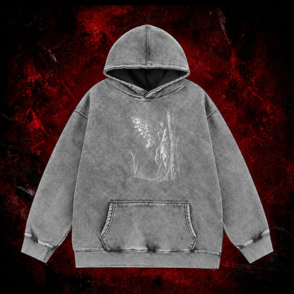 Forest Winged Watcher Vintage Washed Hoodie in Gray, front view