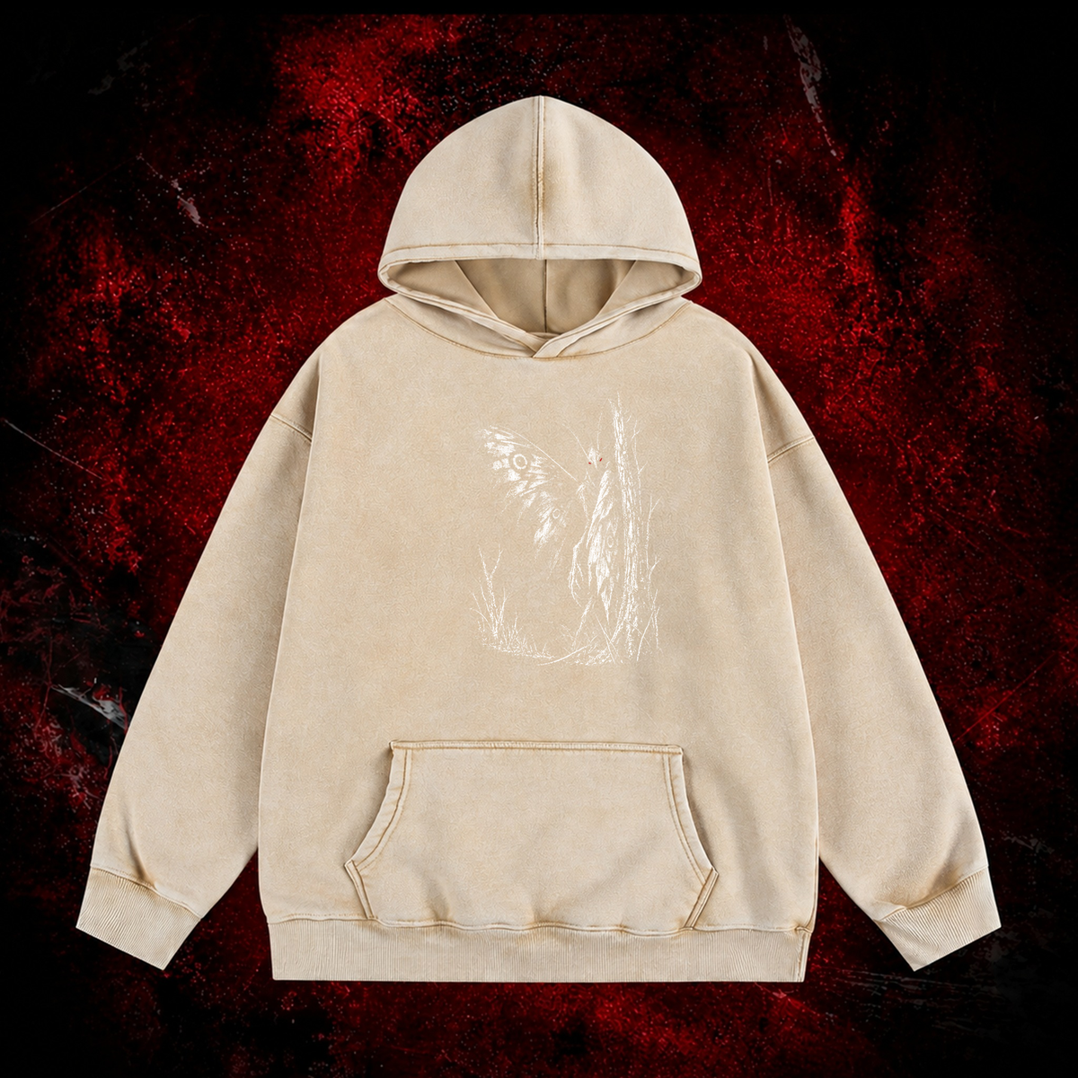 Forest Winged Watcher Vintage Washed Hoodie in White, front view