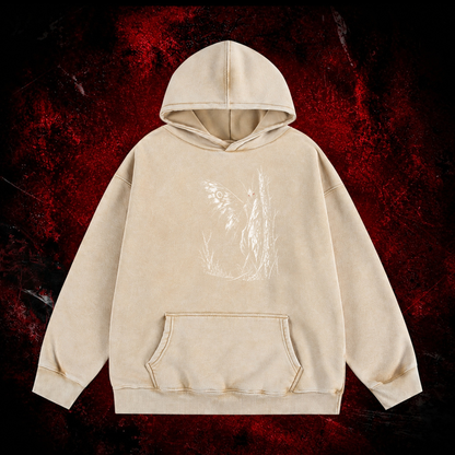 Forest Winged Watcher Vintage Washed Hoodie in White, front view