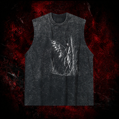 Forest Winged Watcher Vintage Washed Tank Top in Black, front view