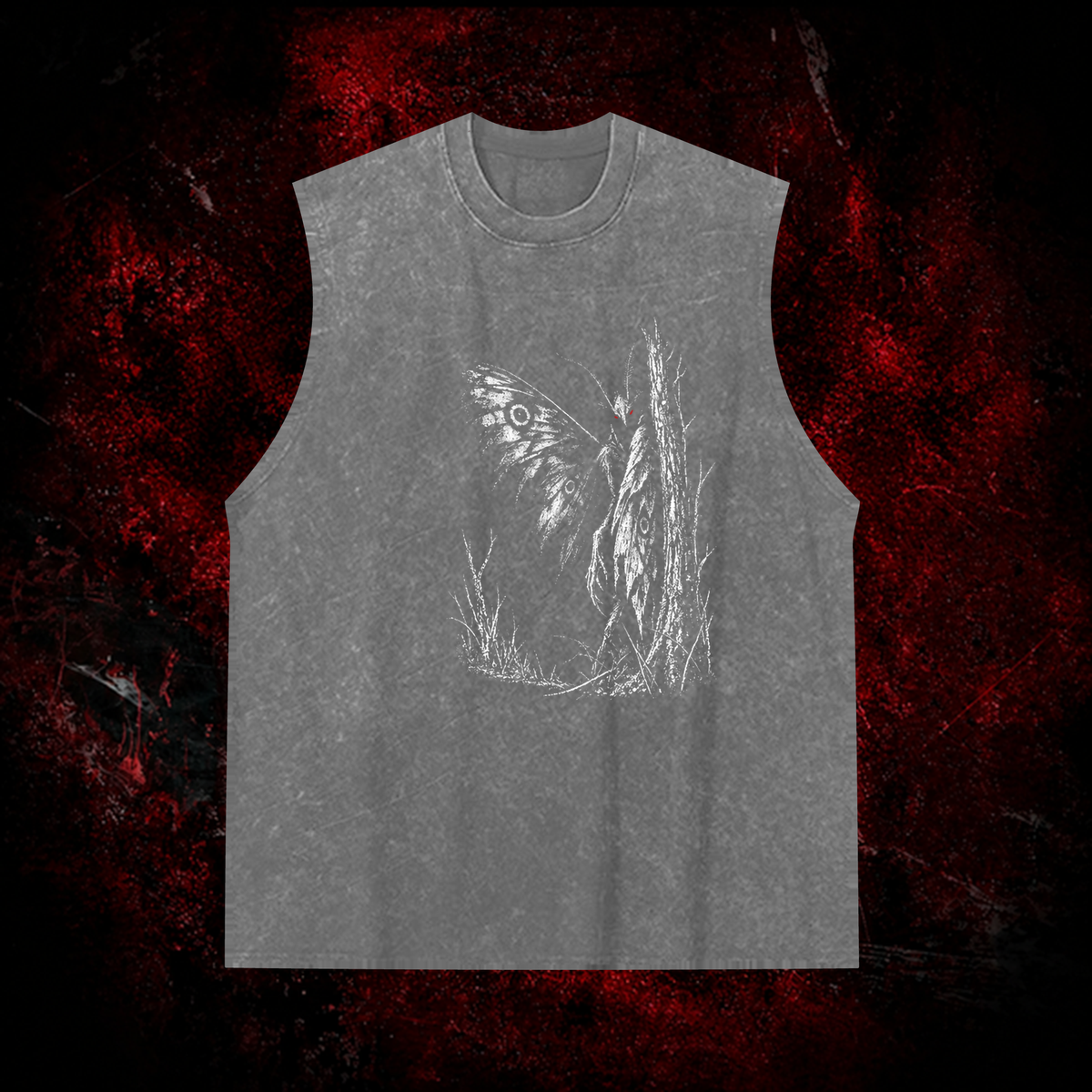 Forest Winged Watcher Vintage Washed Tank Top in Gray, front view