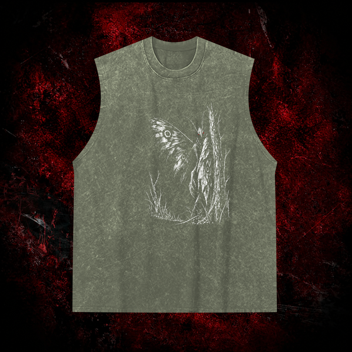 Forest Winged Watcher Vintage Washed Tank Top in Green, front view