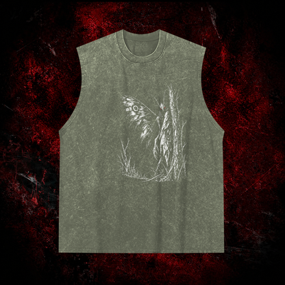 Forest Winged Watcher Vintage Washed Tank Top in Green, front view