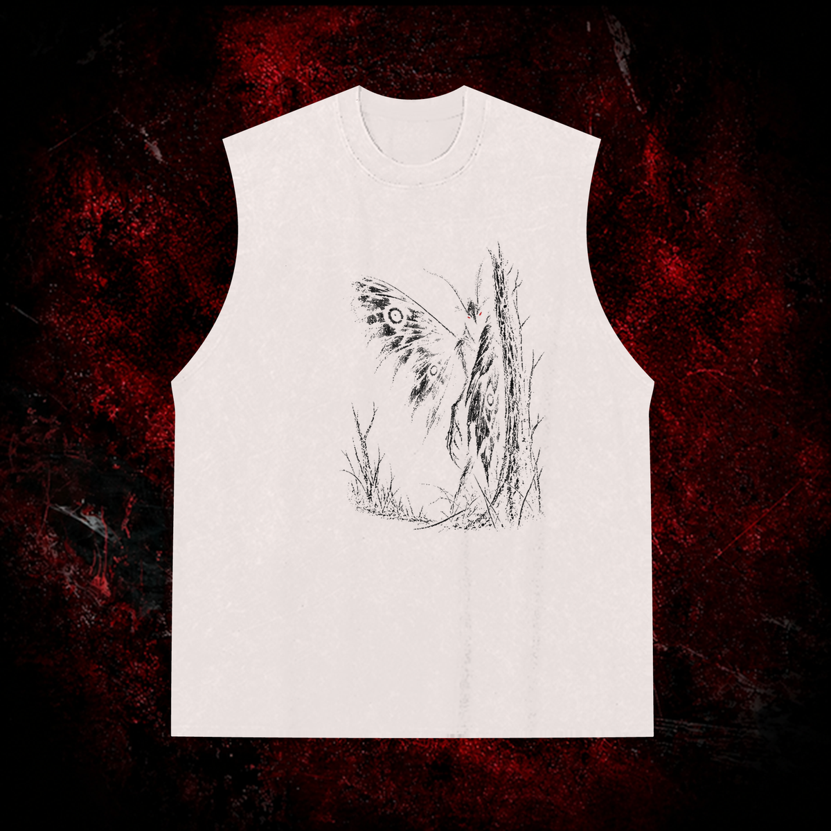 Forest Winged Watcher Vintage Washed Tank Top in White with black print, front view