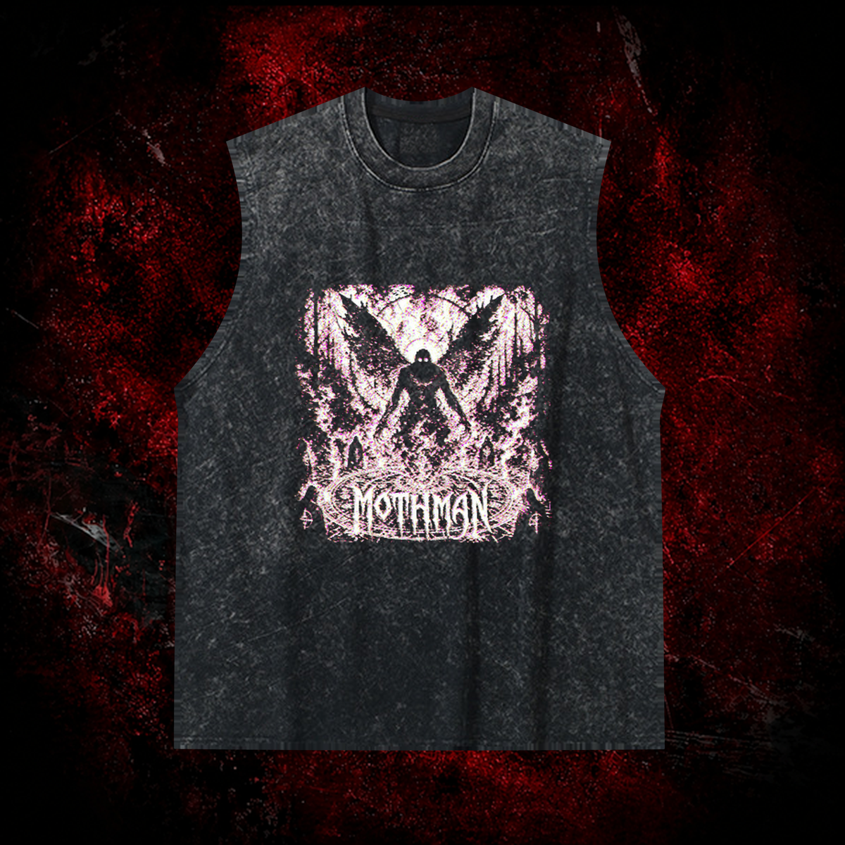 Mothman Glitch Art Vintage Washed Tank Top in Black, front view