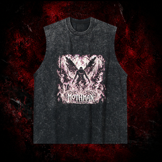 Mothman Glitch Art Vintage Washed Tank Top in Black, front view