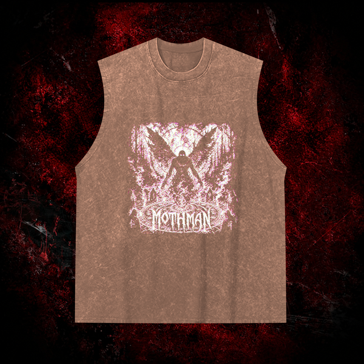 Mothman Glitch Art Vintage Washed Tank Top in Brown, front view
