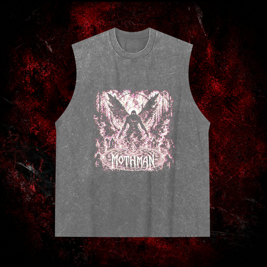 Mothman Glitch Art Vintage Washed Tank Top in Gray, front view