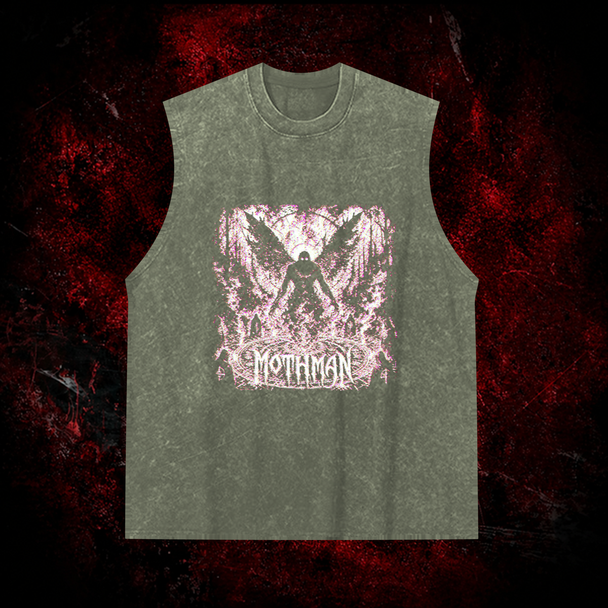 Mothman Glitch Art Vintage Washed Tank Top in Green, front view