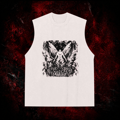 Mothman Glitch Art Vintage Washed Tank Top in White with black print, front view