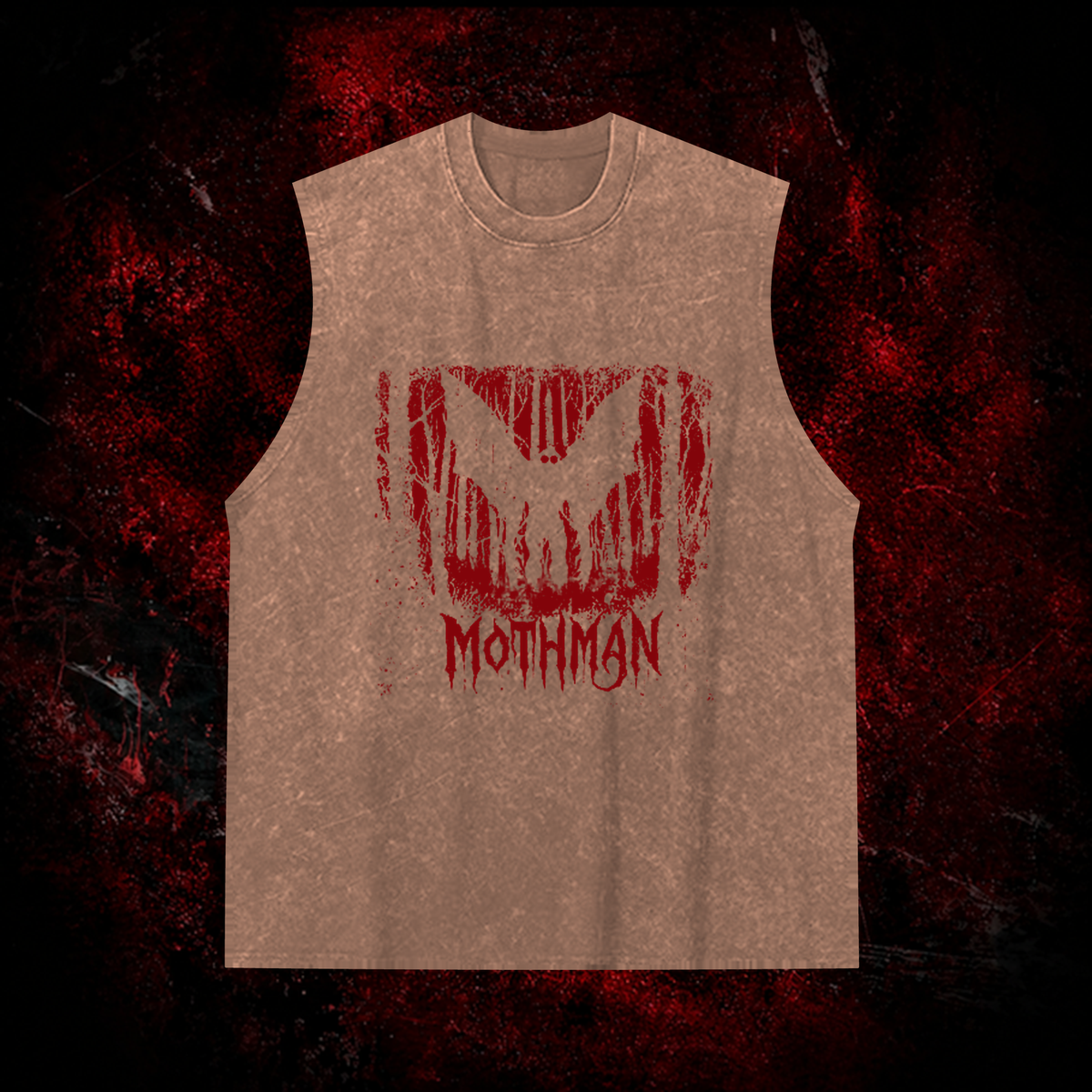 Mothman Gothic Death Metal Vintage Washed Tank Top in Brown, front view