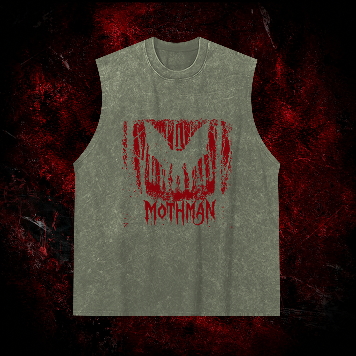 Mothman Gothic Death Metal Vintage Washed Tank Top in Green, front view