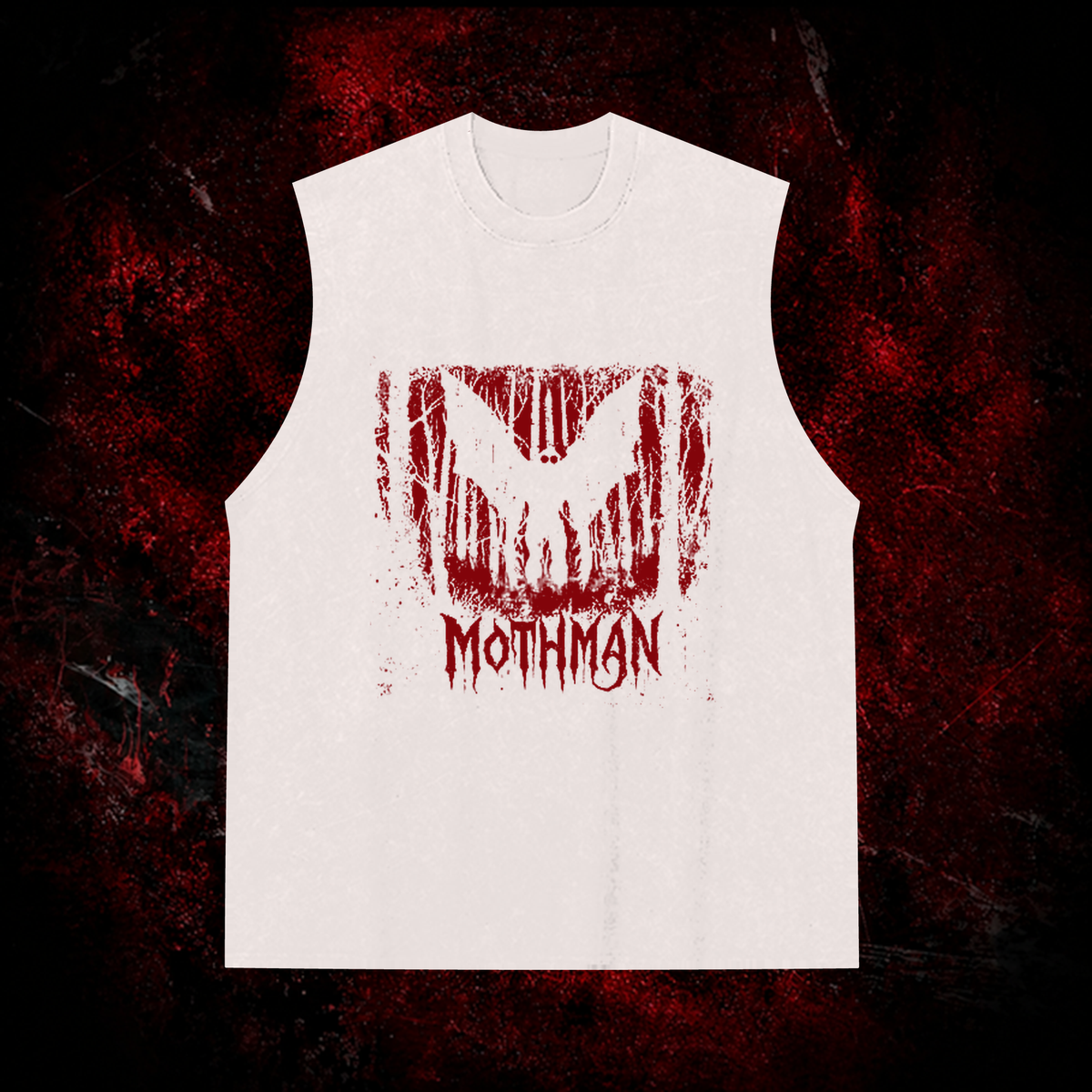 Mothman Gothic Death Metal Vintage Washed Tank Top in White, front view