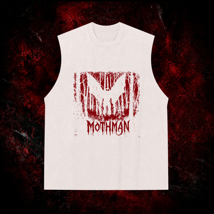 Mothman Gothic Death Metal Vintage Washed Tank Top in White, front view